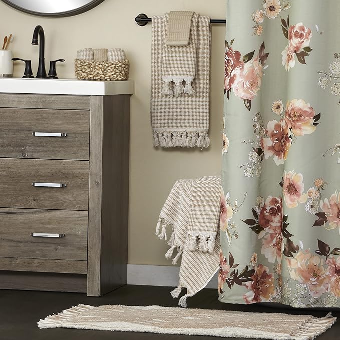 SKL Home Longborough Bath Towel, 100% Turkish Cotton, Tan | 640 GSM weight. Spa-level quality. Soft & absorbent jacquard with hand-knotted tassels.