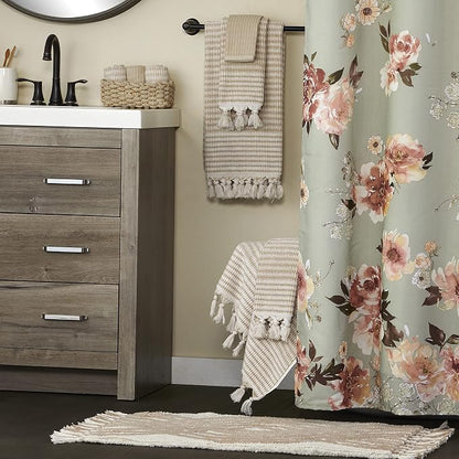 SKL Home Longborough Bath Towel, 100% Turkish Cotton, Tan | 640 GSM weight. Spa-level quality. Soft & absorbent jacquard with hand-knotted tassels.