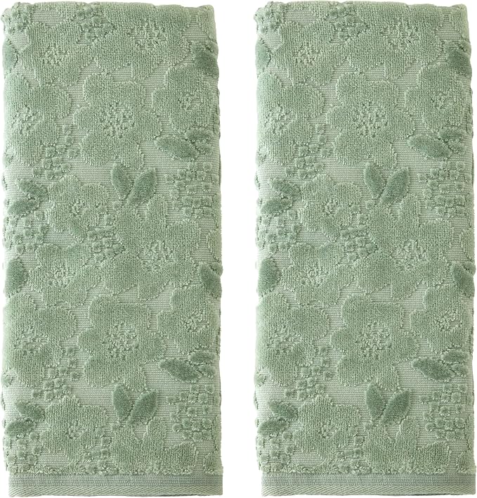 SKL Home Blossom Floral Hand Towel Set-2pc, 100% Turkish Cotton, Sage | Soft, textured jacquard. For use in the bathroom, kitchen, or bar & makes a great gift.