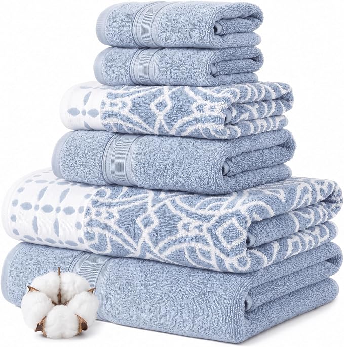 Modern Threads Monroe 6-Piece 100% Cotton Towel Set – Reversible Yarn Dyed Jacquard & Solid – Includes 2 Bath Towels, 2 Hand Towels, 2 Washcloths – Absorbent, Quick Dry, Soft & Durable – Blue
