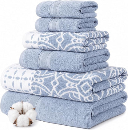 Modern Threads Monroe 6-Piece 100% Cotton Towel Set – Reversible Yarn Dyed Jacquard & Solid – Includes 2 Bath Towels, 2 Hand Towels, 2 Washcloths – Absorbent, Quick Dry, Soft & Durable – Blue