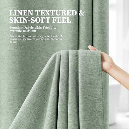 72x87 Ringless Linen Look Shower Curtain with Snap in Liner Sage Green | Extra Long Size, 3 in 1 Durable Fabric Shower Curtain, Removable Liner, Waterproof & Washable, Mesh Top Window, Easy Setup