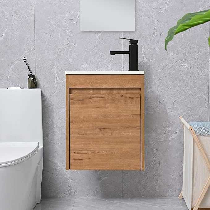 16" Bathroom Vanity Sink Combo for Small Space, Wall Mounted Bathroom Cabinet Set with White Resin Basin Sink Top Black Faucet Pop Up Drain Nature
