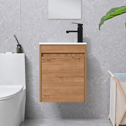 16" Bathroom Vanity Sink Combo for Small Space, Wall Mounted Bathroom Cabinet Set with White Resin Basin Sink Top Black Faucet Pop Up Drain Nature