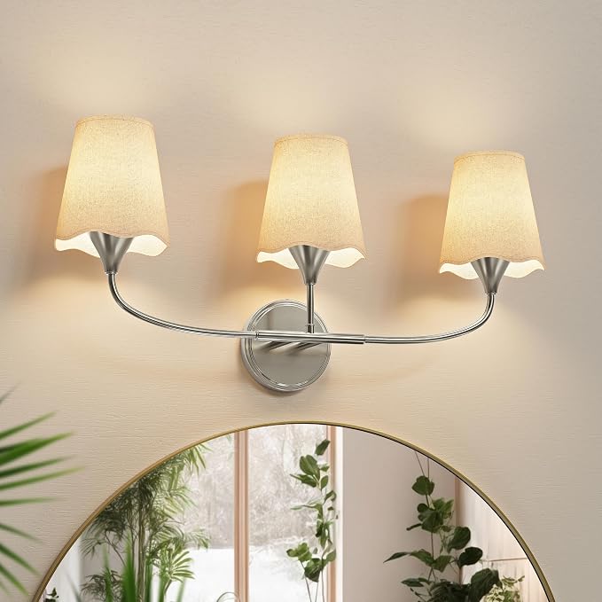 Morauroral Bathroom Light Fixtures Over Mirror, 3 Light Vanity Light for Bathroom, Brushed Nickel Vanity Light Fixtures with Fabric Linen Shade, E26 Socket Sconce Wall Decor(ETL Listed)