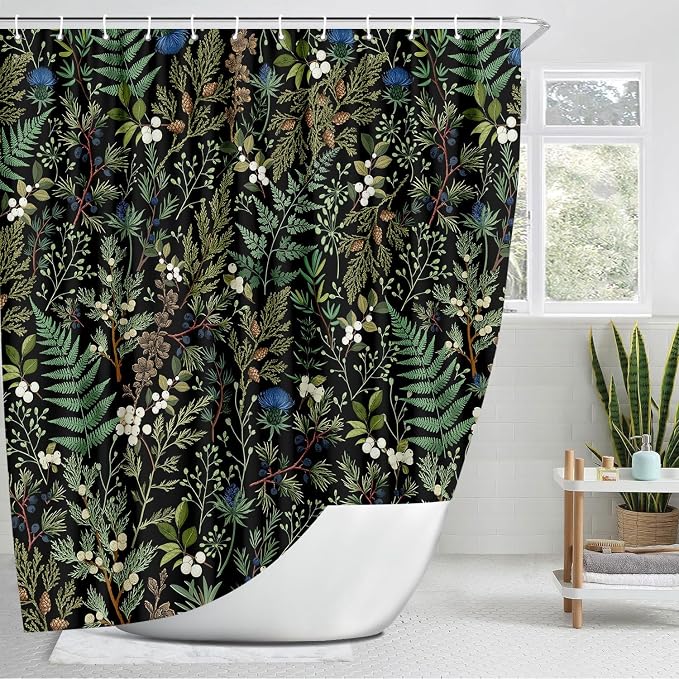Vintage Botanical Shower Curtain, Elegant Boho Gothic Dark Green Ferns Floral Leaves Shower Curtain for Bathroom, Retro Whimsical Cottage Core Wildflower Farmhouse Curtain Bathroom Accessories 72X72
