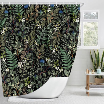 Vintage Botanical Shower Curtain, Elegant Boho Gothic Dark Green Ferns Floral Leaves Shower Curtain for Bathroom, Retro Whimsical Cottage Core Wildflower Farmhouse Curtain Bathroom Accessories 72X72