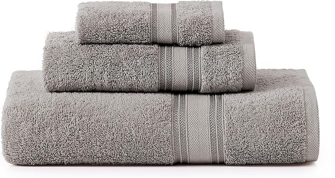 LANE LINEN Bath Towel Set 100% Cotton 3 Piece Soft Absorbent - Grey | Shower Towels - Generously Sized, Oversized & Roomy, Lightweight & Breathable, Fade-Resistant Color, Classic Terry Weave