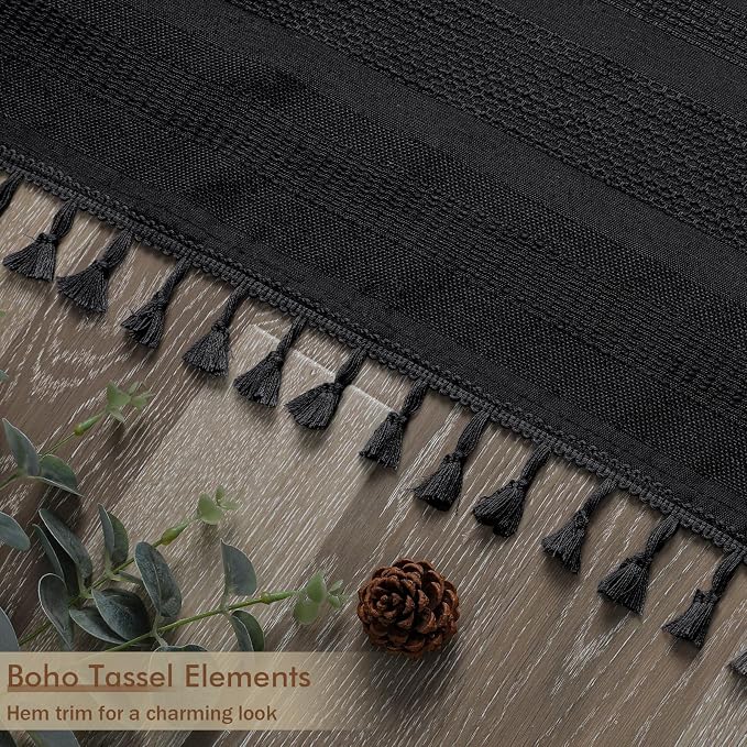 Extra Long Boho Stripe Shower Curtain 84 Inch Long, Modern Farmhouse Heavy Duty Linen Textured Soft Fabric, Rustic Country Cloth Shower Curtain with Tassel for Bathroom Hotel, 72Wx84L, Black