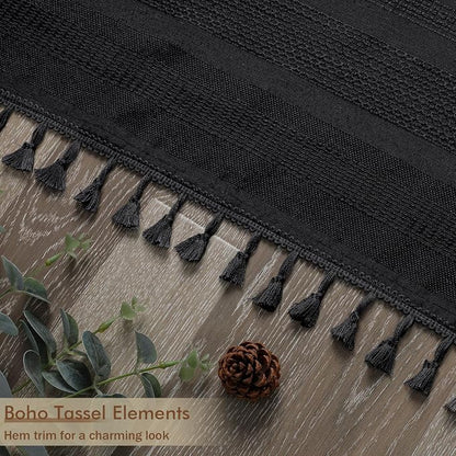 Black Shower Curtain 78 Inch Long, Boho Farmhouse Thick Linen Textured Fabric Shower Curtain with Tassel, Minimalist Striped Weighted Machine Washable Bathroom Decor, 72Wx78L Inches