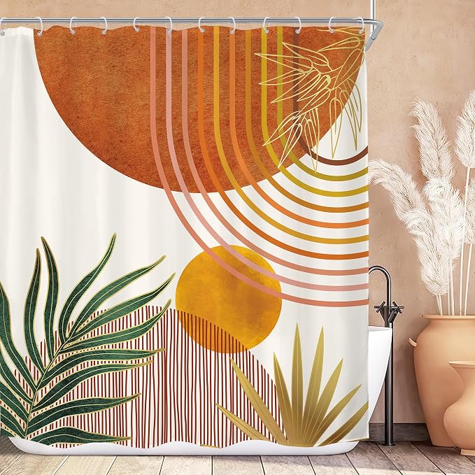 Mid Century Orange Boho Abstract Retro Gold Bathroom Shower Curtain Set | 72Wx78H Contemporary Arch design, waterproof HD print with fast-drying fabric and 12 hooks.