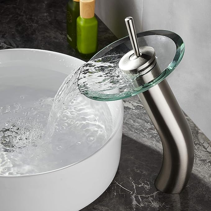 Waterfall Bathroom Faucet Glass Single Handle Solid Brass Basin Lavatory Vessel Sink Vanity Faucet,Tall,Brushed Nickel
