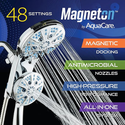 AquaCare Magneton 48-Mode High Pressure Rain & Handheld Shower Head Combo | Space-age Magnetic Guidance Docking, Dual 6-mode Heads with Hygienic Jets, Extra-long 6 ft. Stainless Steel Hose / Chrome