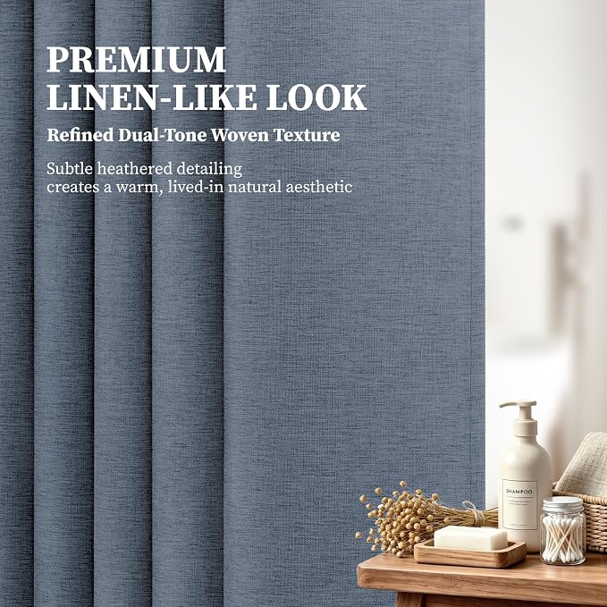 Stall Linen Textured Waterproof Shower Curtain Set, 36x72, Blue Grey | Half Size, 230GSM Polyester, Heavy Duty Fabric, Weighted Hem, 6 Plastic Hooks, Modern Luxury Hotel Style, Machine Washable