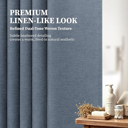 60x72 Linen Textured Waterproof Fabric Shower Curtain Set, Blue Grey | Narrow Size, 230GSM Polyester, Heavy Duty Cloth, Weighted Hem, 10 Plastic Hooks, Modern Luxury Hotel Style, Machine Washable