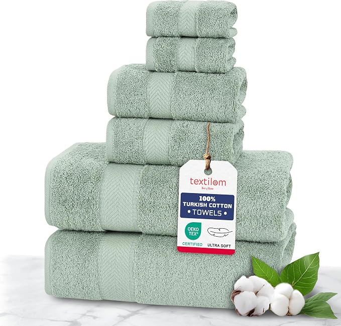 100% Turkish Cotton 6 Pcs Luxury Bath Towels, Soft & Absorbent Bathroom Towels Set (2 Bath Towel, 2 Hand Towel, 2 Washcloths)- Green
