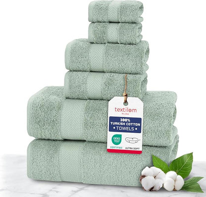 100% Turkish Cotton 6 Pcs Luxury Bath Towels, Soft & Absorbent Bathroom Towels Set (2 Bath Towel, 2 Hand Towel, 2 Washcloths)- Green