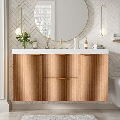 Merax 42 inch Bathroom Vanity with Sink, Wall Mounted Storage Vanities with Drawer and Door, SMC Resin Countertop and Basin, Single Sink, Nature Wood