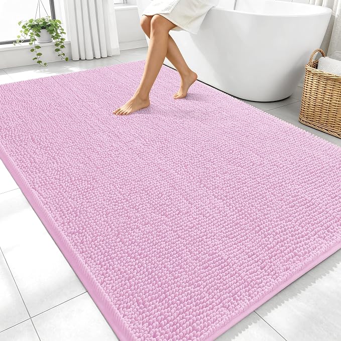 OLANLY Large Bathroom Rugs 70x46, Extra Soft Absorbent Chenille Bath Rugs | Pink, Quick-Drying Rubber Backing, Machine Washable Bath Mat for Bathroom Floor, Tub and Shower, Home Decor Accessories