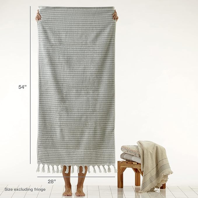 SKL Home Longborough Bath Towel, 100% Turkish Cotton, Sage | 640 GSM weight. Spa-level quality. Soft & absorbent jacquard with hand-knotted tassels.