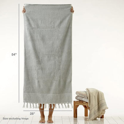 SKL Home Longborough Bath Towel, 100% Turkish Cotton, Sage | 640 GSM weight. Spa-level quality. Soft & absorbent jacquard with hand-knotted tassels.