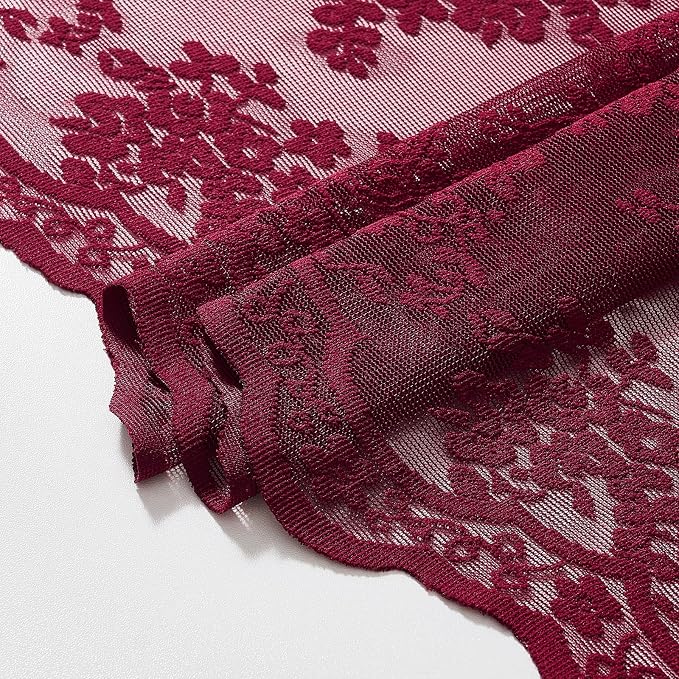 TUDECO Dark Red Lace Shower Curtain with Attached Valance, 72W x 84L Inch | Burgundy Bathroom Curtain, Maroon Floral, Semi-Sheer, Scalloped Edges, Gentle Privacy, Reinforced Holes, Machine Washable