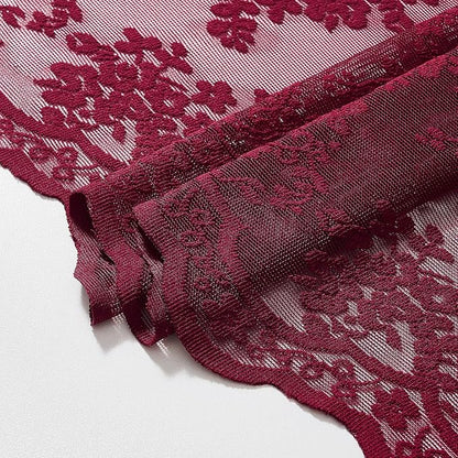 TUDECO Dark Red Lace Shower Curtain with Attached Valance, 72W x 84L Inch | Burgundy Bathroom Curtain, Maroon Floral, Semi-Sheer, Scalloped Edges, Gentle Privacy, Reinforced Holes, Machine Washable