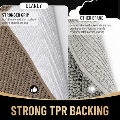 OLANLY Thick Chenille Small Bathroom Rugs 24x16, Absorbent Bath Mat, Tan | Soft Bath Rugs, Rubber Backing, Machine Wash Dry, Bath Mats for Bathroom, Tub and Shower, Home Decor Accessories