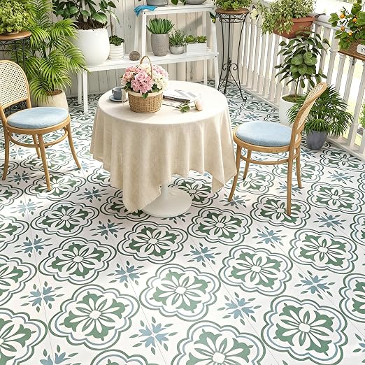 FunStick Sage Green Peel and Stick Floor Tile Vintage Green and White Moroccan Floor Tiles Peel & Stick Vinyl Flooring Roll Waterproof Self Adhesive Laminate Linoleum Flooring for Bathroom Floor Tile