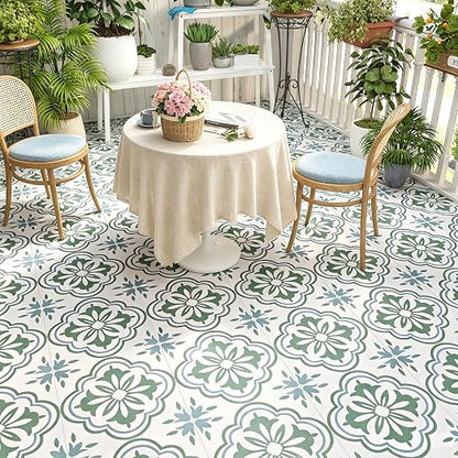 FunStick 12"x142" Green and White Peel and Stick Floor Tile Waterproof Boho Floral Vinyl Flooring Peel and Stick Tile Floor Tiles for Bathroom Kitchen Renter Friendly Stick on Linoleum Flooring Roll