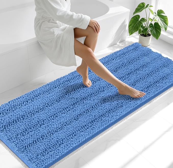 Smiry Thick Chenille Bathroom Runner Rugs 70x24, Bath Mat, Cornflower Blue | Quick‑Dry & Machine Washable, Non‑Slip Bath Carpet, Soft Striped Bath Rugs for Tub & Shower, Modern Home Decor Accessories