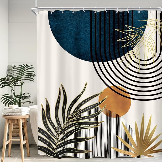 KOMLLEX Mid Century Blue Boho Abstract Modern Bathroom Shower Curtain Set | 72Wx84L Plant Botanical design, waterproof HD print with fast-drying fabric and 12 hooks.