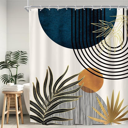 KOMLLEX Mid Century Blue Boho Abstract Modern Bathroom Shower Curtain Set | 72Wx84L Plant Botanical design, waterproof HD print with fast-drying fabric and 12 hooks.