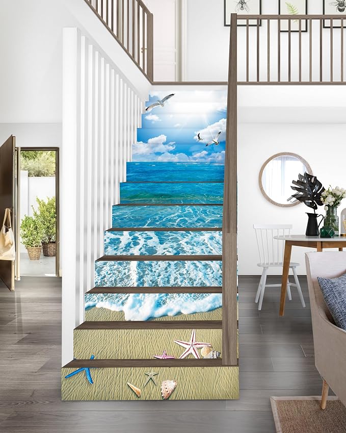 FLFK Stair Decals - Stair Stickers Decals Peel and Stick,Sunshine Ocean Beach Stair Risers Decals Self-Adhesive for Home Decor, 39.3" W x 7.08" H x 13Pcs