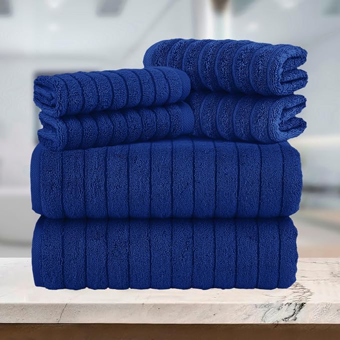 Elegant Comfort 100% Turkish Cotton Corduroy Ribbed Luxury Bath Towels 6-Piece Set, Premium Feel - Quick Dry, Highly Absorbent, Contains 2 Bath Towels, 2 Hand Towels, and 2 Washcloths, Royal Blue