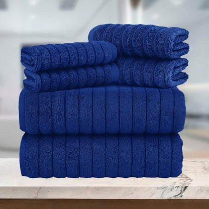 Elegant Comfort 100% Turkish Cotton Corduroy Ribbed Luxury Bath Towels 6-Piece Set, Premium Feel - Quick Dry, Highly Absorbent, Contains 2 Bath Towels, 2 Hand Towels, and 2 Washcloths, Royal Blue