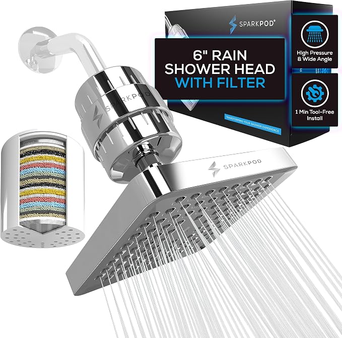 SparkPod Filtered Shower Head, 23-Stage, 6" Square, Polished Chrome | Showerhead for Hard Water, High Pressure, Reduces Chlorine, Heavy Metals, For Dry Skin & Hair, Removable Capsule Filter