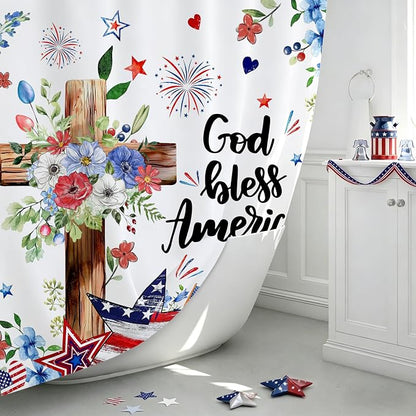 4th of July Shower Curtain Patriotic Red White and Blue Floral Star Shower Curtains Waterproof Bath Curtains with 12 Hooks for Memorial Day Independence Day Home Bathroom Decor, 72 x 72 Inches
