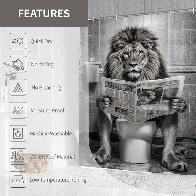 Farmhouse Funny Lion Mens Shower Curtain for Bathroom 72W*72H Inch Black and White Humor Animal Reading on Toilet Bathtub Decor Western Country Animal Waterproof Polyester Fabric Set with 12 Hooks