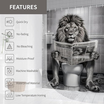 Farmhouse Funny Lion Mens Shower Curtain for Bathroom 72W*72H Inch Black and White Humor Animal Reading on Toilet Bathtub Decor Western Country Animal Waterproof Polyester Fabric Set with 12 Hooks