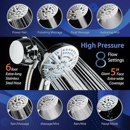 AquaCare Magneton 8-Mode High Pressure Handheld Shower Head w/Water Filter | Filters Chlorine & Toxins for Healthy Hair & Skin. Spaca-age Magnetic Docking, Hygienic Jets, Long 6 ft. Metal Hose / Chrome