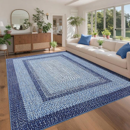 Printed Washable Rugs 10x13 Area Rug for Living Room Modern Bedroom Rug Blue Braided Soft Large Area Rug Non Slip Throw Rugs Stain Resistant Carpet for Nursery Dining Room 10'x13' Navy Blue