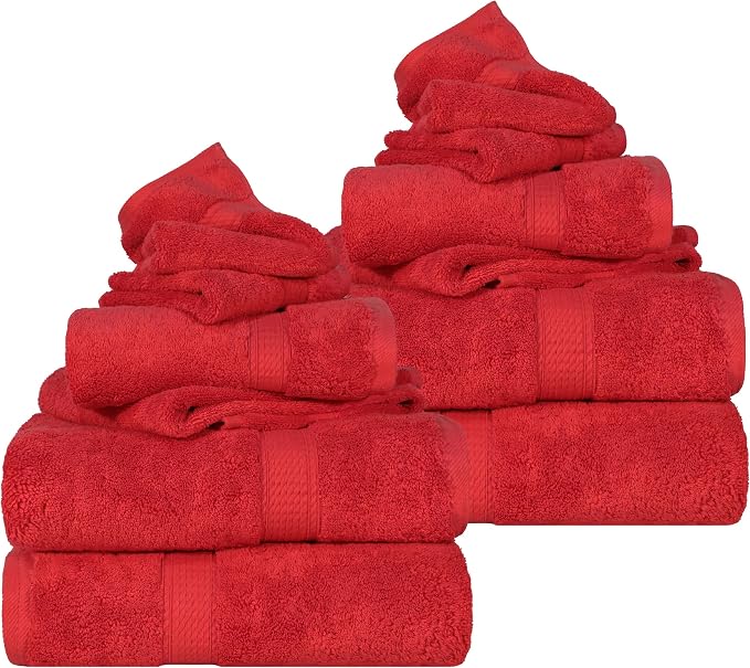 SUPERIOR Egyptian Cotton Ultra Plush & Absorbent, 12 Piece Set, Red | Heavyweight 12 Pc Egyptian Cotton Towel Set Includes 4 Bath Towels 4 Hand Towels 4 Washcloths Decorative Rope Border