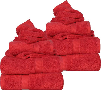 SUPERIOR Egyptian Cotton Ultra Plush & Absorbent, 12 Piece Set, Red | Heavyweight 12 Pc Egyptian Cotton Towel Set Includes 4 Bath Towels 4 Hand Towels 4 Washcloths Decorative Rope Border