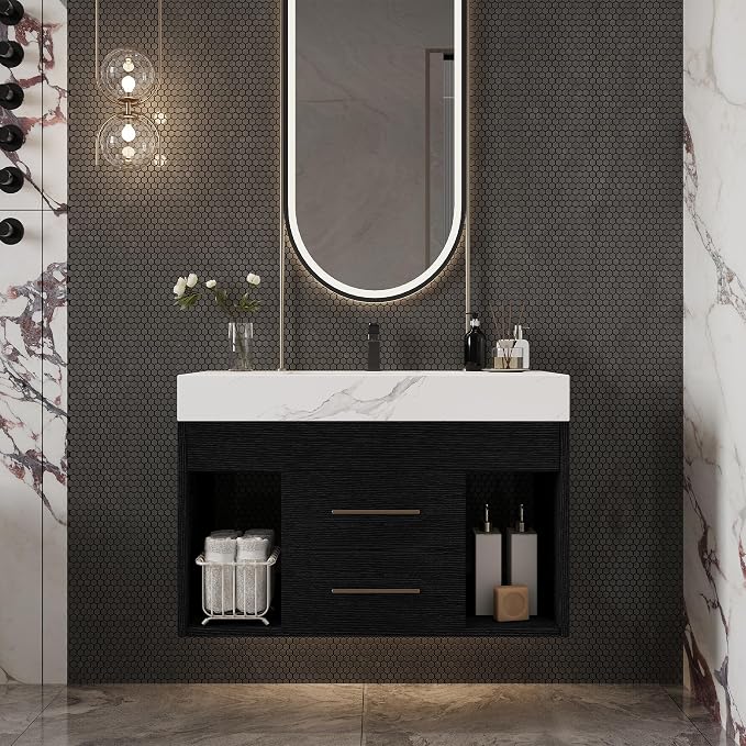 KEIKI 29.9" Bathroom Vanity with Undermount Sink Combo, Modern Floating Vanity Cabinet with 2 Drawers & Open Side Shelves, Storage Wall Mounted Cabinet for Small Space, Black