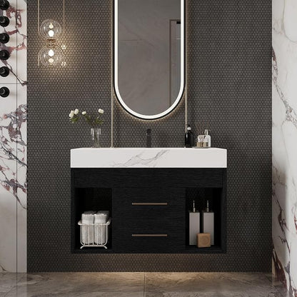 KEIKI 29.9" Bathroom Vanity with Undermount Sink Combo, Modern Floating Vanity Cabinet with 2 Drawers & Open Side Shelves, Storage Wall Mounted Cabinet for Small Space, Black