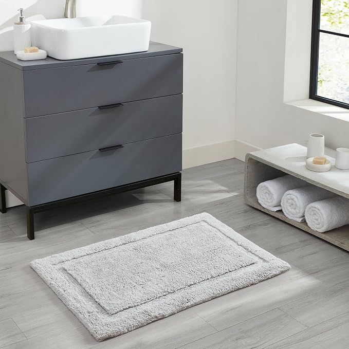Jean Pierre New York Lydia Border 100% Cotton Bath Mat 2-Piece Set - Non-Slip Bath Rug - Grey - 17"x24" & 20" x 32"