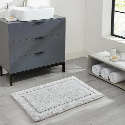 Jean Pierre New York Lydia Border 100% Cotton Bath Mat 2-Piece Set - Non-Slip Bath Rug - Grey - 17"x24" & 20" x 32"