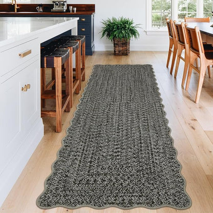 Imitation Braided Collection-Print Washable Runner Rug 2x6 Scalloped Non Slip Kitchen Rugs Indoor Entryway Rug Soft Bath Mat Stain Resistant Carpet for Bedroom Hallway Laundry Nursery 2'x6'