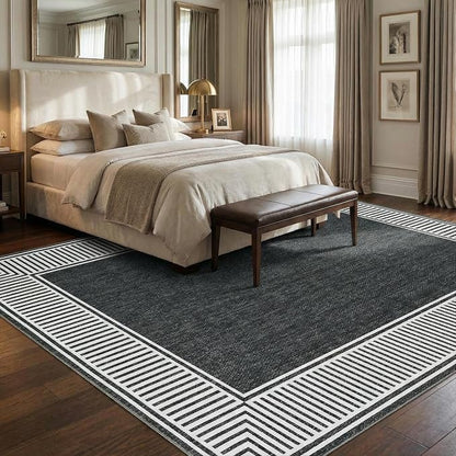Garvee Modern Bordered Neutral Rugs for Living Room 8x10 Washable Rug Black | Large Non Slip Low Pile Soft Carpet Foldable Non-Shedding Woven Printed Floor Cover for Bedroom Playroom Nursery Office Dorm